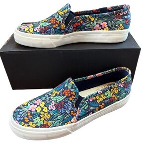 Keds Rifle Paper Co Garden Party blue floral slip on sneakers, sz 6, navy blue